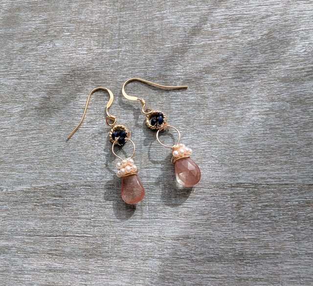 アンデシン＊淡水パール＊サファイア＊ロングピアス＊14kgfピアス＊no