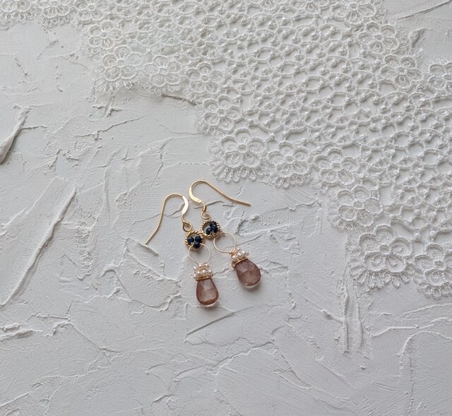 アンデシン＊淡水パール＊サファイア＊ロングピアス＊14kgfピアス＊no