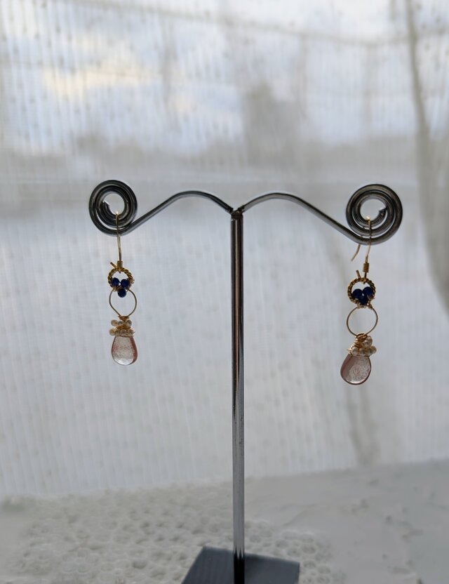 アンデシン＊淡水パール＊サファイア＊ロングピアス＊14kgfピアス＊no