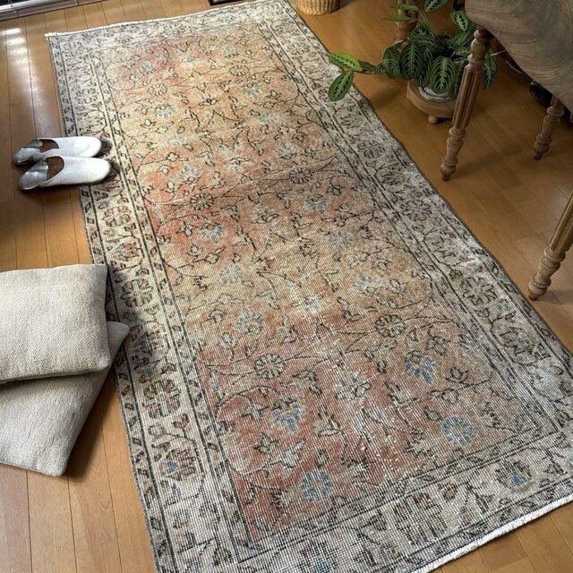 94×209 アンティークカラー　ボタニカル柄　擦れ　トルコヴィンテージラグ