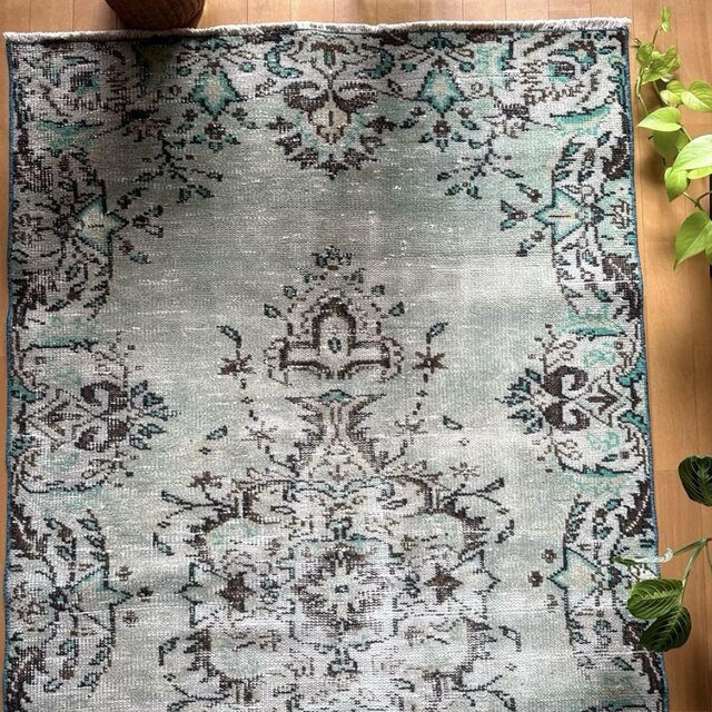 107×194淡いエメラルドグリーン×ブラウン シャビー トルコヴィンテージ