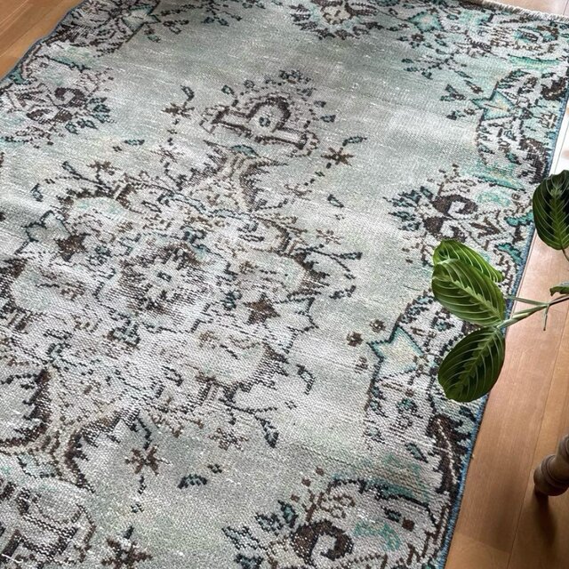 107×194淡いエメラルドグリーン×ブラウン シャビー トルコヴィンテージ