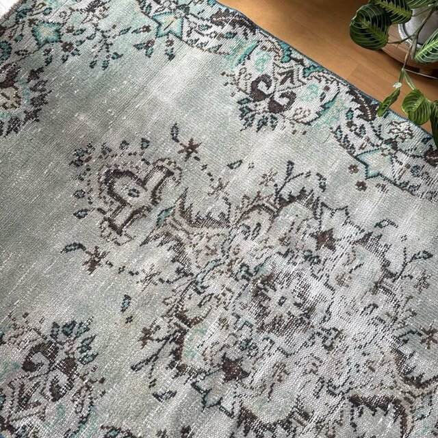 107×194淡いエメラルドグリーン×ブラウン シャビー トルコヴィンテージ