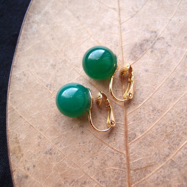 【Gold color】Green Onyx Clip Earrings／グリーンオニキス クリップイヤリング（12mm）