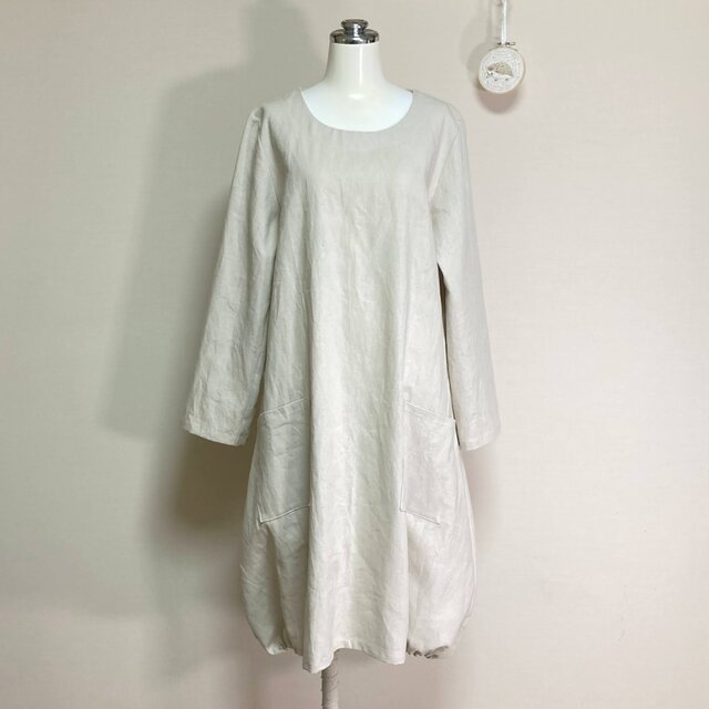 バルーンワンピ　長袖【＃25リネン キャンバス】エクリュ◆S・M・Ⅼ・LL（リネン100％）