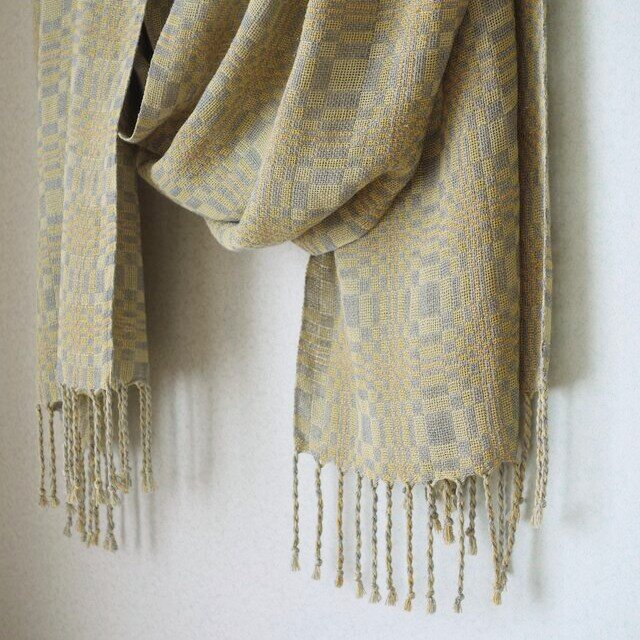 手織りシルクコットンストール・・黄色×グレー