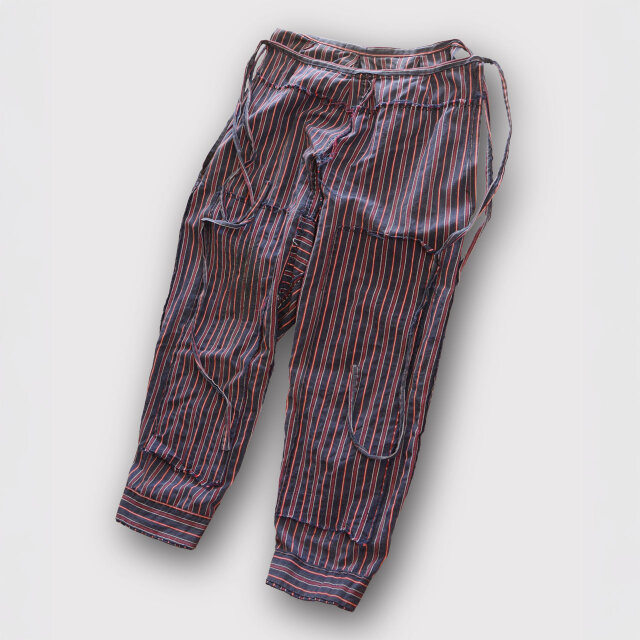 昭和中期 木綿縞模様もんぺ 野良着｜ダブルニー・ミシンリペア入り｜襤褸系・ジャパンヴィンテージ ハンドメイド素材