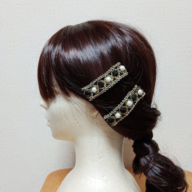 【2個セット】大人向け　バレッタ風　パッチンピン　ブラック×ゴールド