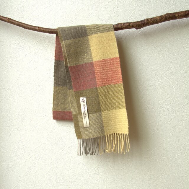 ホームスパン・カシミヤプチマフラー　黄色ひし形チェック