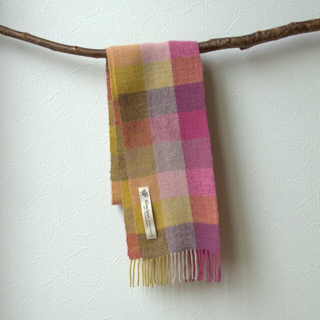 ホームスパン・カシミヤプチマフラー　ピンク・黄色チェック
