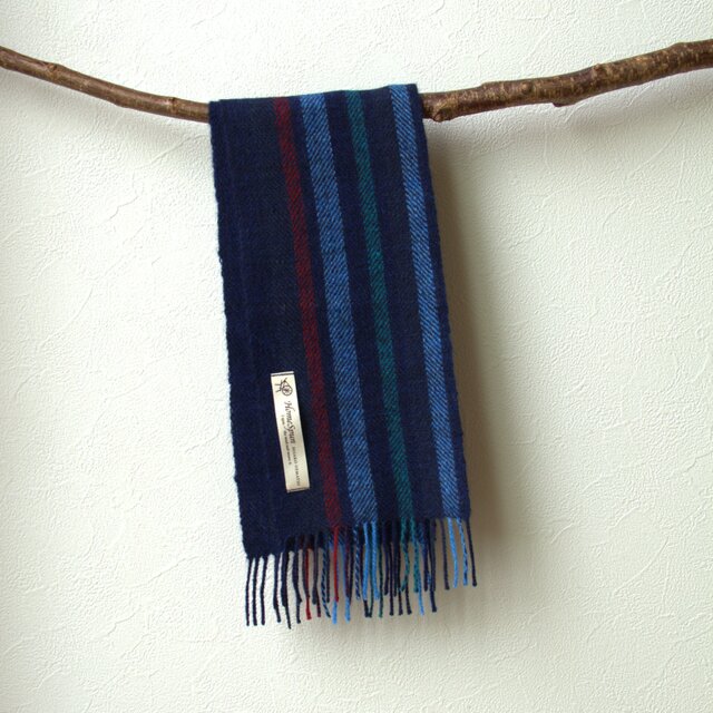 ホームスパン・カシミヤプチマフラー　紺色ストライプ