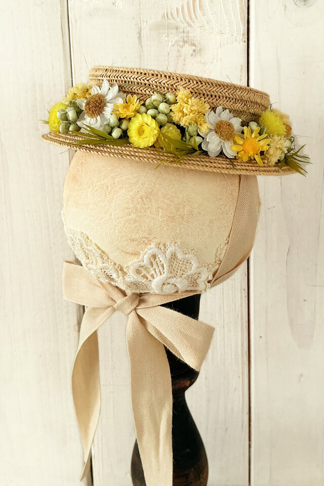 ドール用ドライフラワー付きカンカン帽(イエローグリーン・内径約6cm)