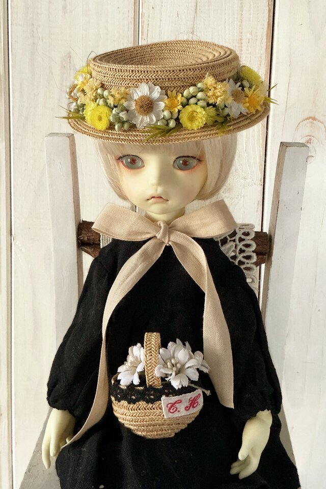 ドール用ドライフラワー付きカンカン帽(イエローグリーン・内径約6cm 