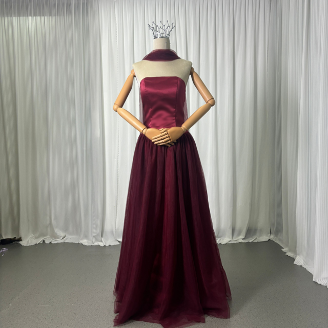カラードレス ボルドー色 くるみボタン ツーピース ソフトチュール 床付く ふわふわ 前撮り 二次会