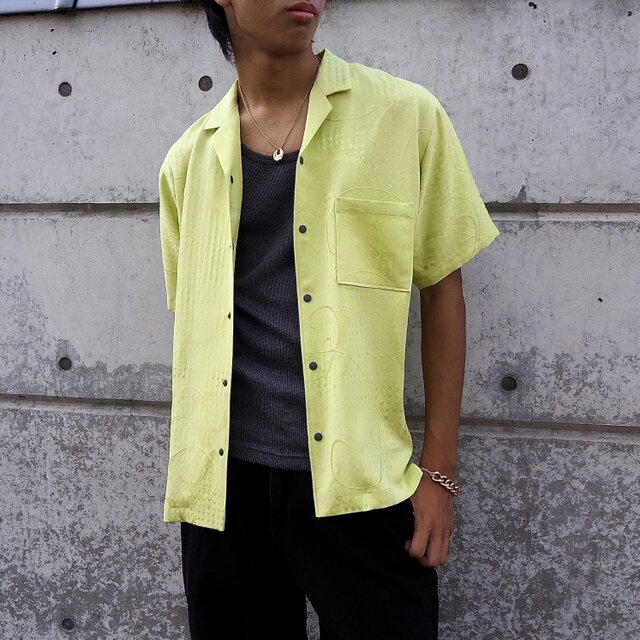 着物リメイク スナップシャツ シルク メンズML スナップボタン オーバーサイズ オープンカラーシャツ リラックスフィットM