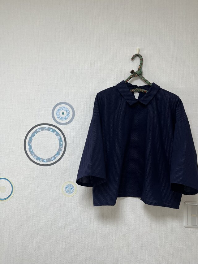 ハーフスリーブ　ブラウス　コットン　ネイビードビー織り