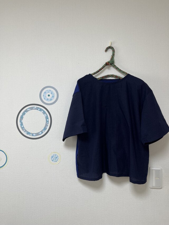 布帛Tシャツ　布帛+フライスニット　ドビー刺繍　コットン　ネイビー+ブルー