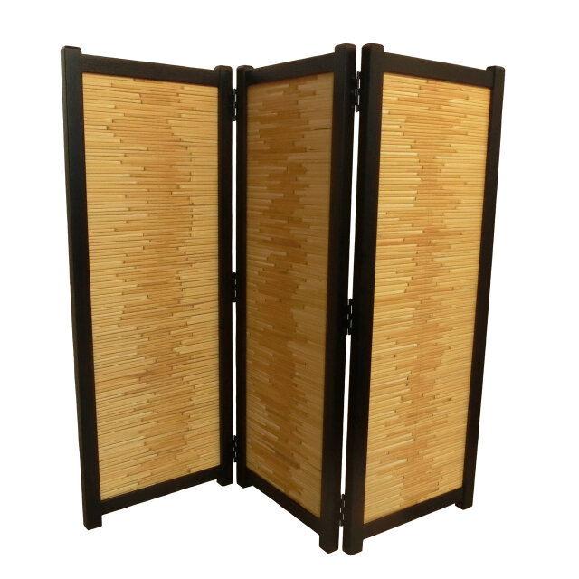 衝立間仕切り　幅広150cm　和風木簾衝立　ブラックフレーム　間仕切り衝立 弘益 衝立 3連 ブラウン 高さ150cm 木製スクリーン （ パーテーション