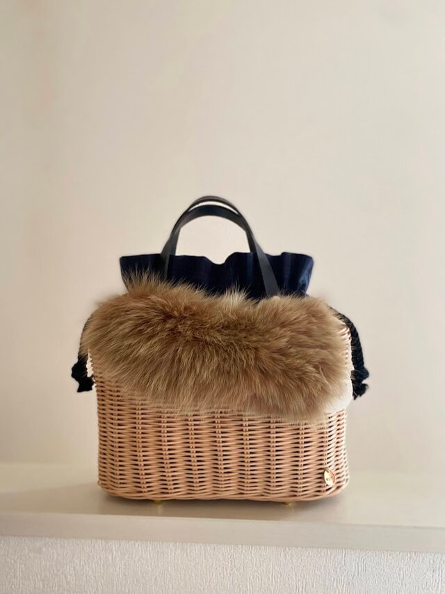 【1点在庫あり】手編みの籐かごバッグ/Megg  Bag panier/取り外せるファー付き/ブラックウォッチ/ かごバッグ