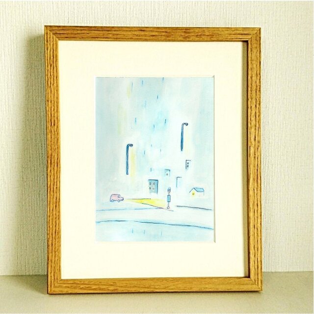 絵画｜原画「雨のバス停で」水彩 イラスト※木製額縁入り（八つ切り