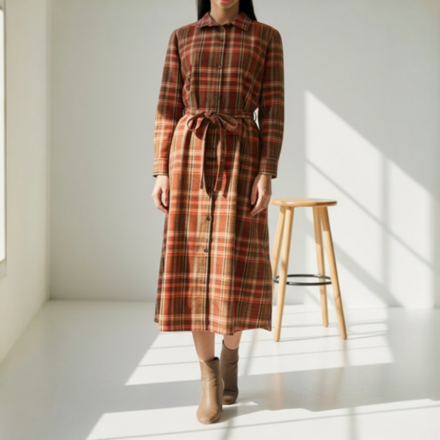 オープンカラー　シャツワンピース【送料込み】着物リメイク　オレンジ