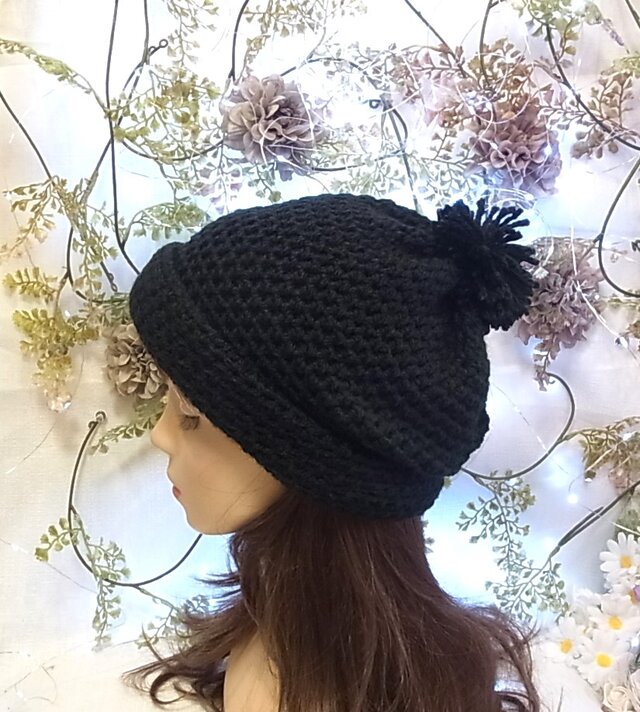 ニット帽 ビーニー ワッチキャップ 2way ポンポン付き ブラック