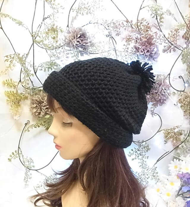 ニット帽 ビーニー ワッチキャップ 2way ポンポン付き ブラック