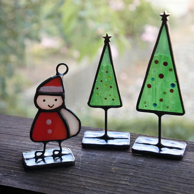 サンタ くんとツリーのミニオブジェ 置物 ステンドグラス クリスマス X