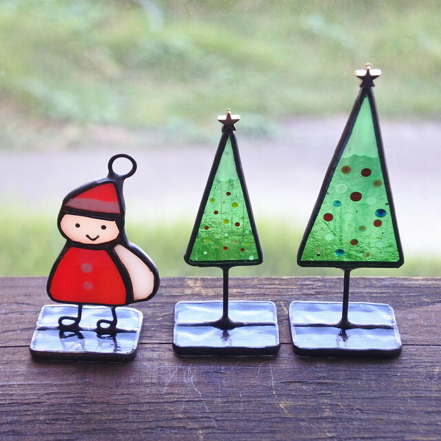 サンタ くんとツリーのミニオブジェ 置物 ステンドグラス クリスマス X