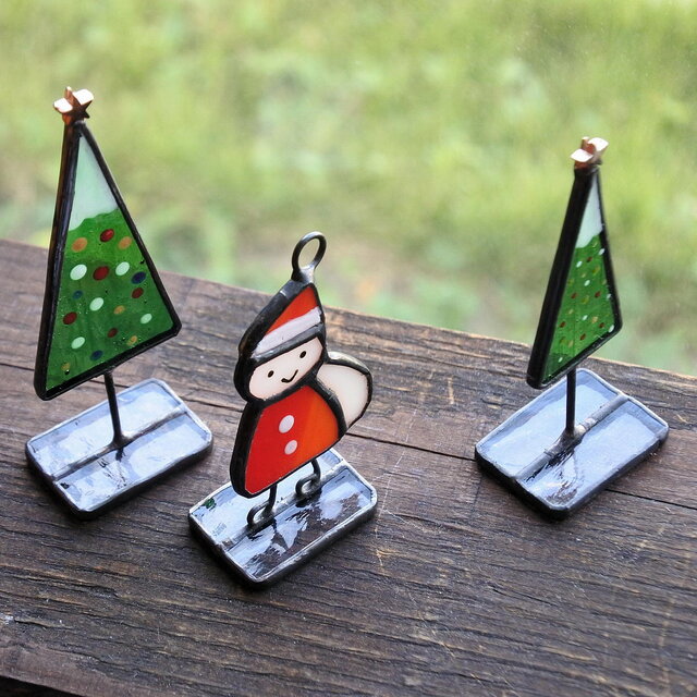 サンタ くんとツリーのミニオブジェ 置物 ステンドグラス クリスマス X