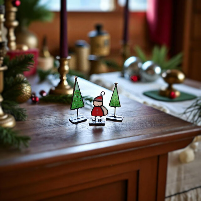 サンタ くんとツリーのミニオブジェ 置物 ステンドグラス クリスマス X