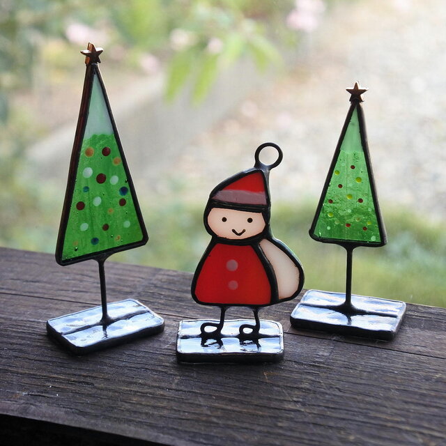 サンタ くんとツリーのミニオブジェ 置物 ステンドグラス クリスマス X