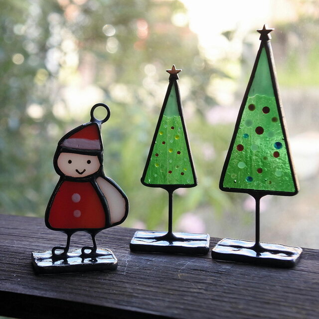 サンタ くんとツリーのミニオブジェ 置物 ステンドグラス クリスマス X
