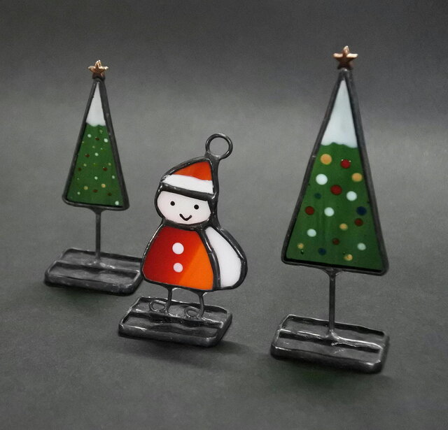 サンタ くんとツリーのミニオブジェ 置物 ステンドグラス クリスマス X