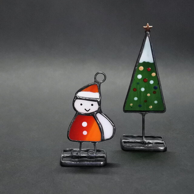 クリスマスステンドグラス サンタ くんとツリーのミニオブジェ 置物 ステンドグラス クリスマス X