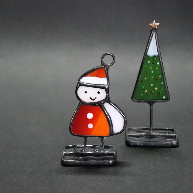 サンタ くんとツリーのミニオブジェ 置物 ステンドグラス クリスマス X