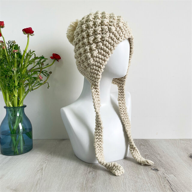 編み物 防寒 秋冬 耳当て付きニット帽子