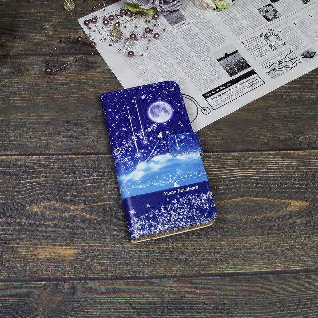 Android シンプル手帳型スマホケース（カメラ穴あり/はめ込みタイプ）【夢星空（ミッドナイトブルー）】