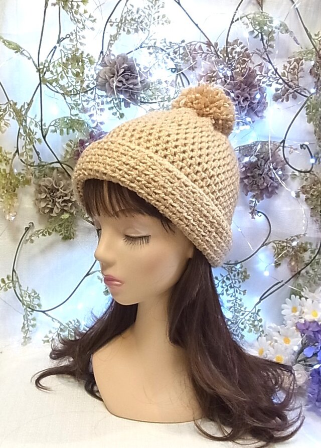 ニット帽 ビーニー ワッチキャップ 2way ポンポン付き きな粉ベージュ