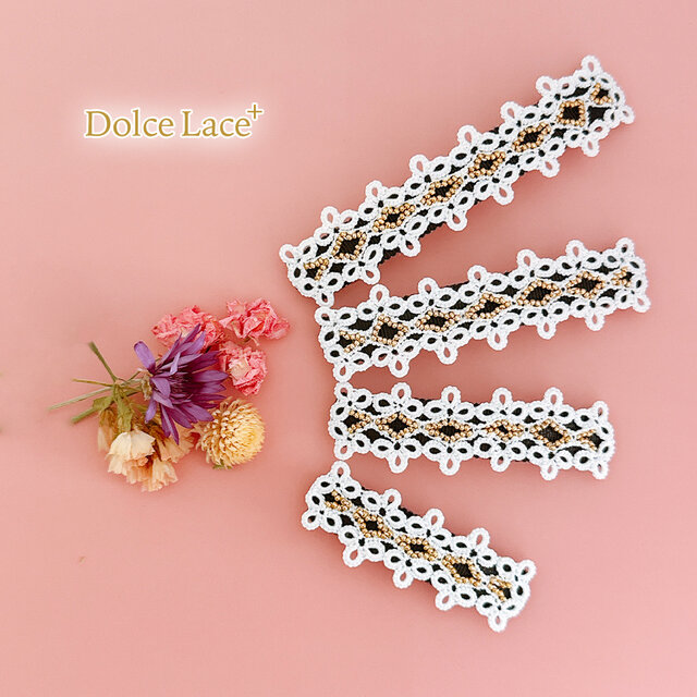 選べる4サイズ！* Clover * 手編みタティングレースのバレッタ White×Gold