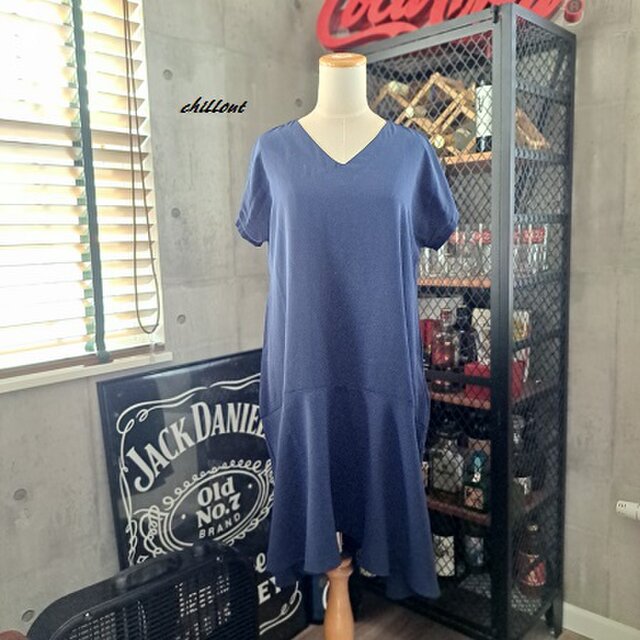 【マーメイド】Vネックワンピース：ネイビー：ナイロン【0989】