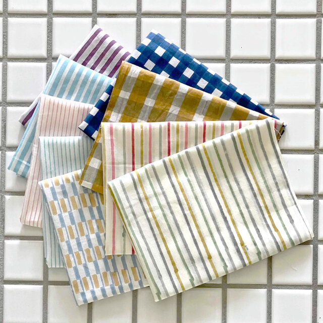 インド ブロックプリント生地 ミニカットクロス9枚セット ストライプ＆チェック v03 ファブリックIF0354