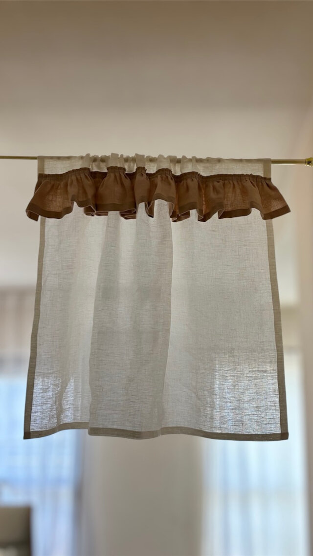 カフェカーテン　【厚地　リノ　リサ　アイボリー＆スウェーデン産　サーモンピンクギヤザー付き】