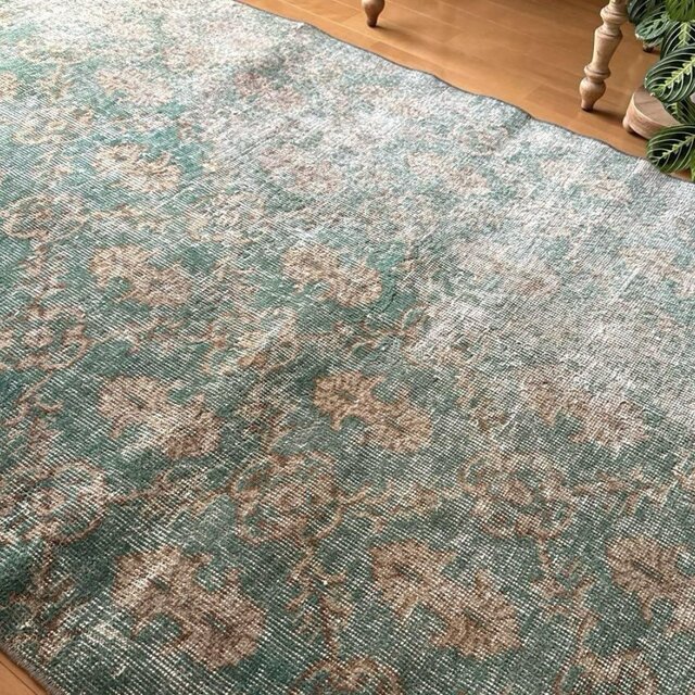 108.5×195擦れ強め　グリーンボタニカル　シャビーなトルコヴィンテージラグ 108.5×195擦れ強め グリーンボタニカル シャビーなトルコヴィンテージ