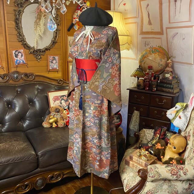 着物リメイクワンピース ドレス セミロング 洗える化繊 + 名古屋帯