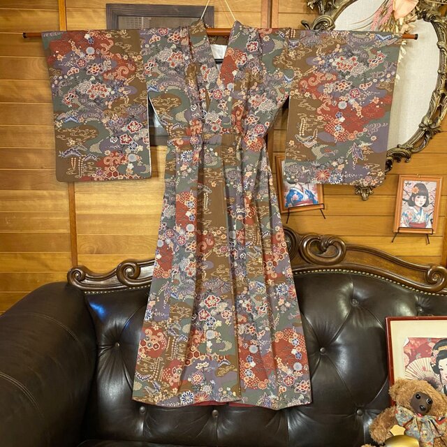 着物リメイクワンピース ドレス セミロング 洗える化繊 + 名古屋帯