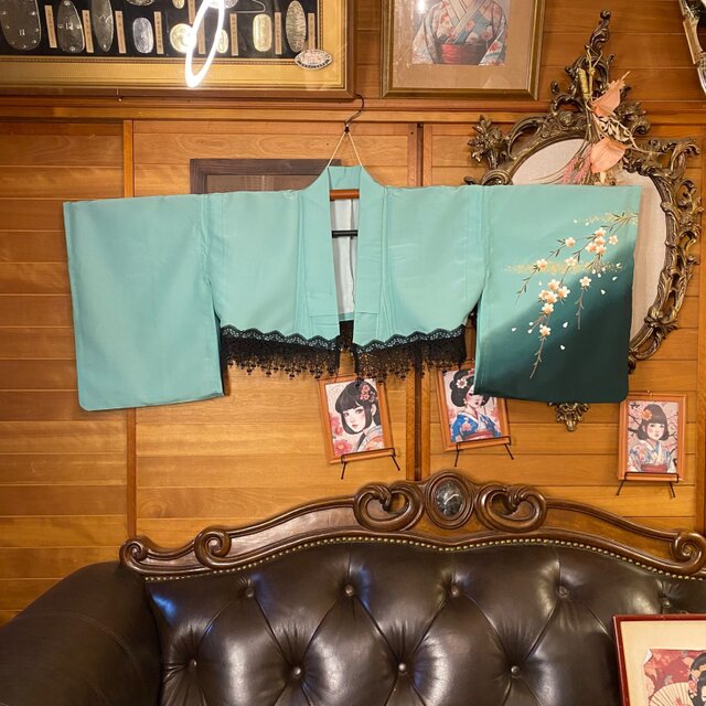 着物 ハンドメイド ワンピース パーティー ドレス 和洋折衷 コラージュ リメイク 切り替え ミント花柄×ピーコックブルー O-74 着物 ワンピース パーティー ドレス 和洋折衷 コラージュ リメイク