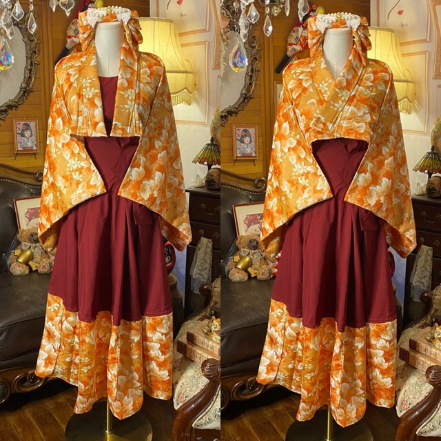 着物リメイクワンピースドレス舞台鑑賞観劇パーティーリゾート華やか 着物 ワンピース パーティー ドレス 和洋折衷 コラージュ