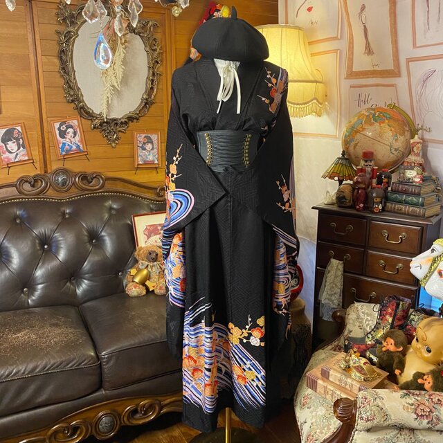 単衣振袖 着物リメイクワンピース ドレス ロング 和洋折衷 洗える 化繊