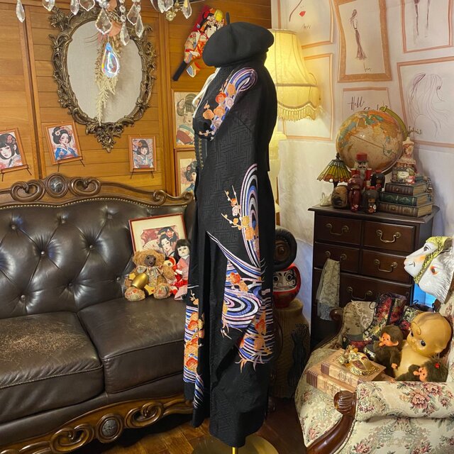 単衣振袖 着物リメイクワンピース ドレス ロング 和洋折衷 洗える 化繊